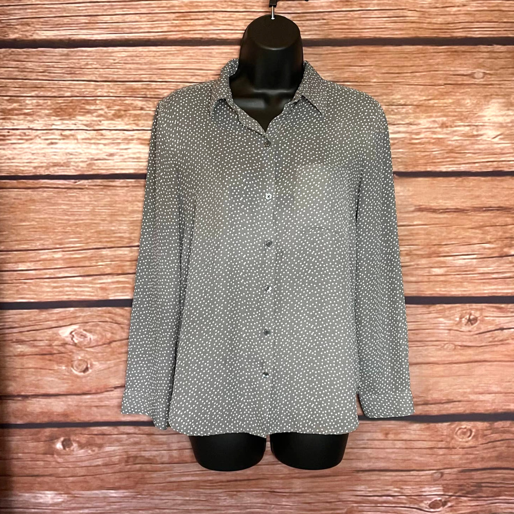 Blouse SP Ann Taylor Factory Grey White Polka Dot Button Up Long Sleeve Shirt
